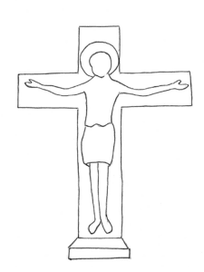 Line drawing of a figure with outstretched arms on a cross, featuring a circular halo above its head.